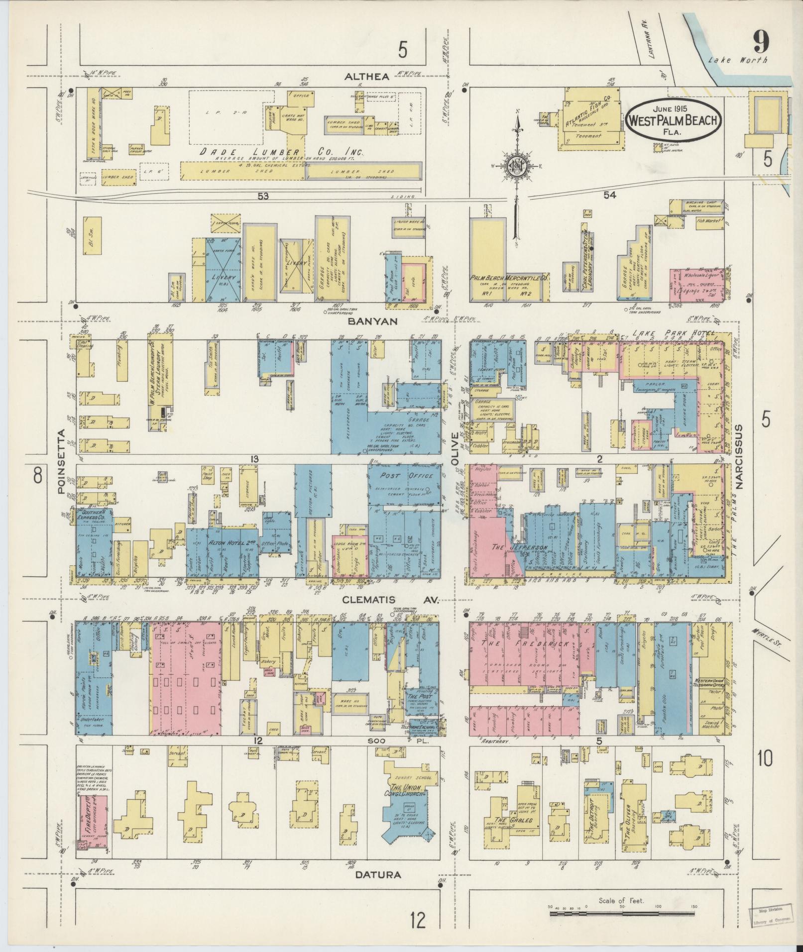 Sanborn Fire Insurance Map from West Palm Beach, Dade County, Florida (1915), Sheet #0009 - Complete Map Set gallery image, historic Sanborn map, vintage wall art, Florida Florida