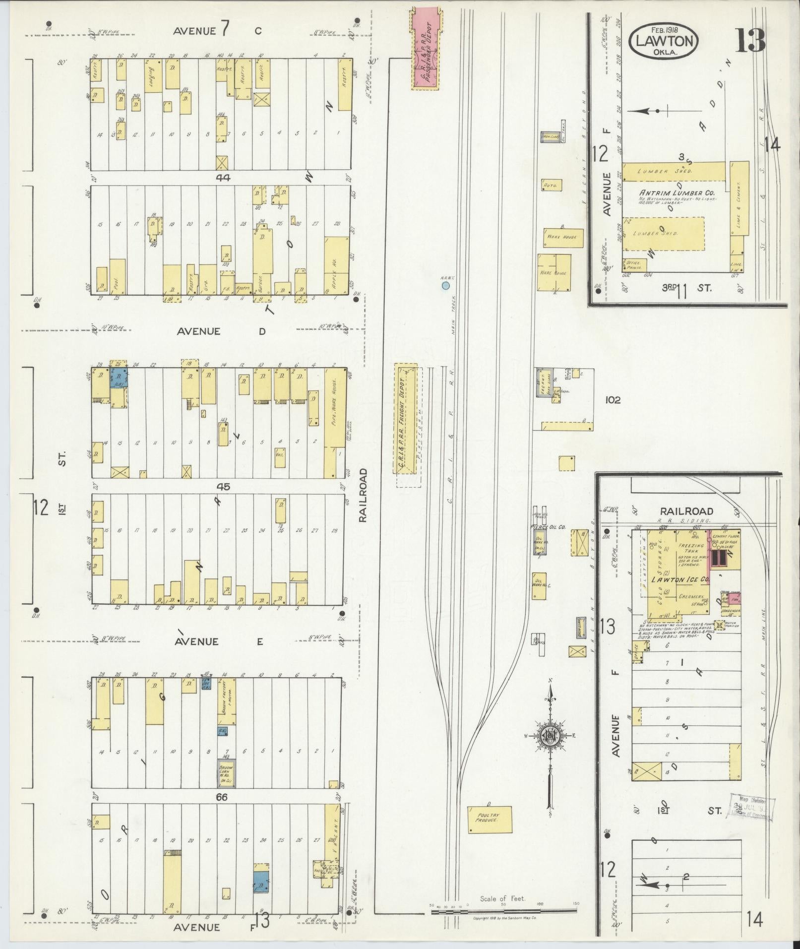 Sanborn Fire Insurance Map from Lawton, Comanche County, Oklahoma (1918), Sheet #0013 - Historic Sanborn Fire Insurance Map Print, vintage old map wall art, antique decor, genealogy gift, Oklahoma Oklahoma map