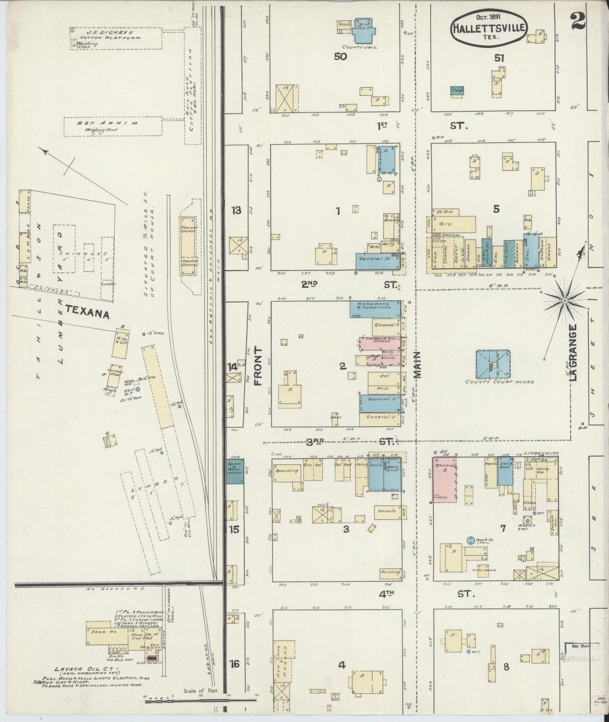 Sanborn Fire Insurance Map from Hallettsville, Lavaca County, Texas (1891), Sheet #0002 - Complete Map Set gallery image, historic Sanborn map, vintage wall art, Texas Texas