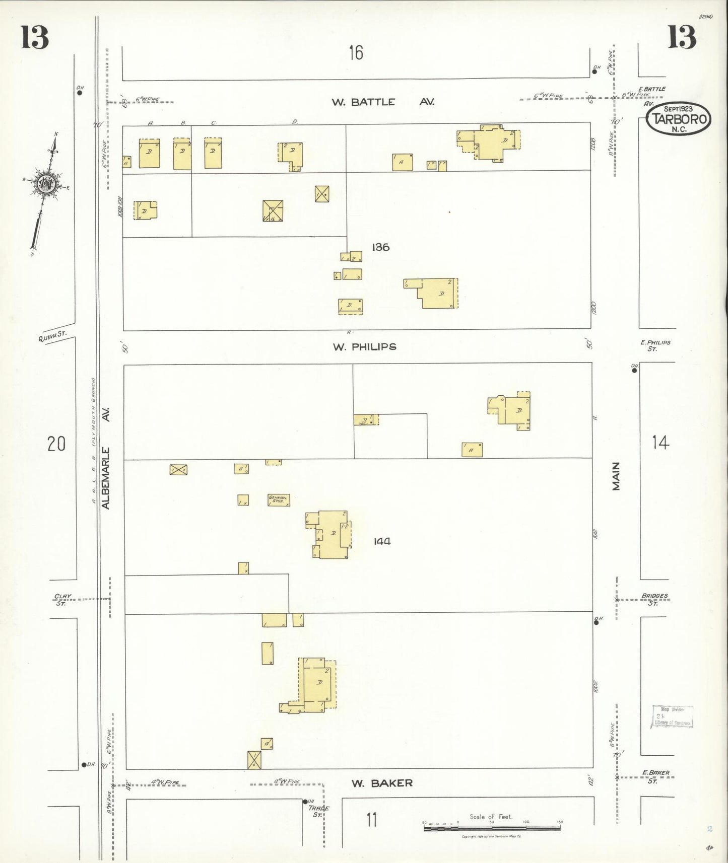 Sanborn Fire Insurance Map from Tarboro, Edgecombe County, North Carolina (1923), Sheet #0013 - Historic Sanborn Fire Insurance Map Print, vintage old map wall art, antique decor, genealogy gift, North Carolina North Carolina map