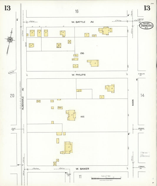 Sanborn Fire Insurance Map from Tarboro, Edgecombe County, North Carolina (1923), Sheet #0013 - Historic Sanborn Fire Insurance Map Print, vintage old map wall art, antique decor, genealogy gift, North Carolina North Carolina map