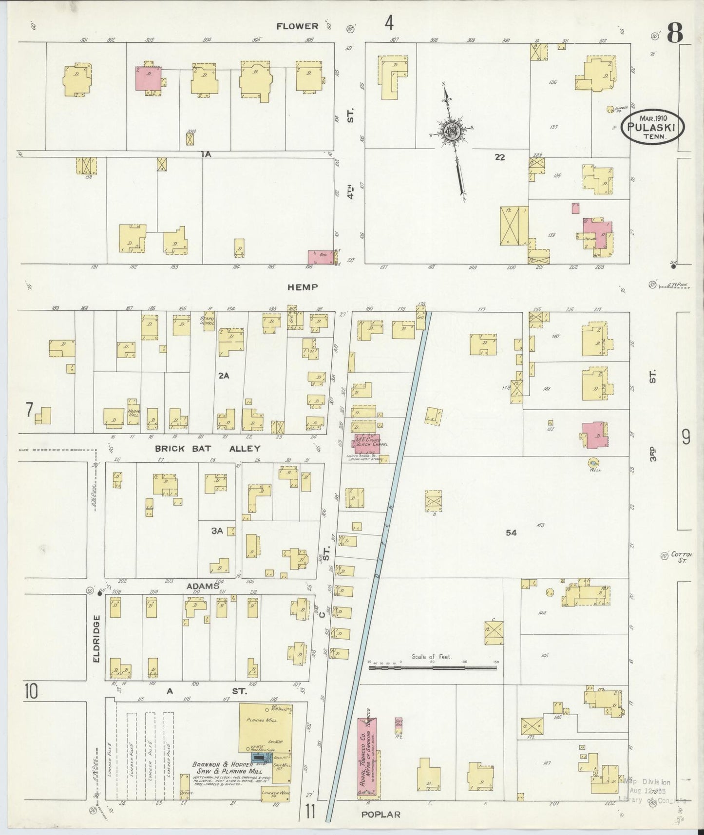 Sanborn Fire Insurance Map from Pulaski, Giles County, Tennessee (1910), Sheet #0008 - Complete Map Set gallery image, historic Sanborn map, vintage wall art, Tennessee Tennessee