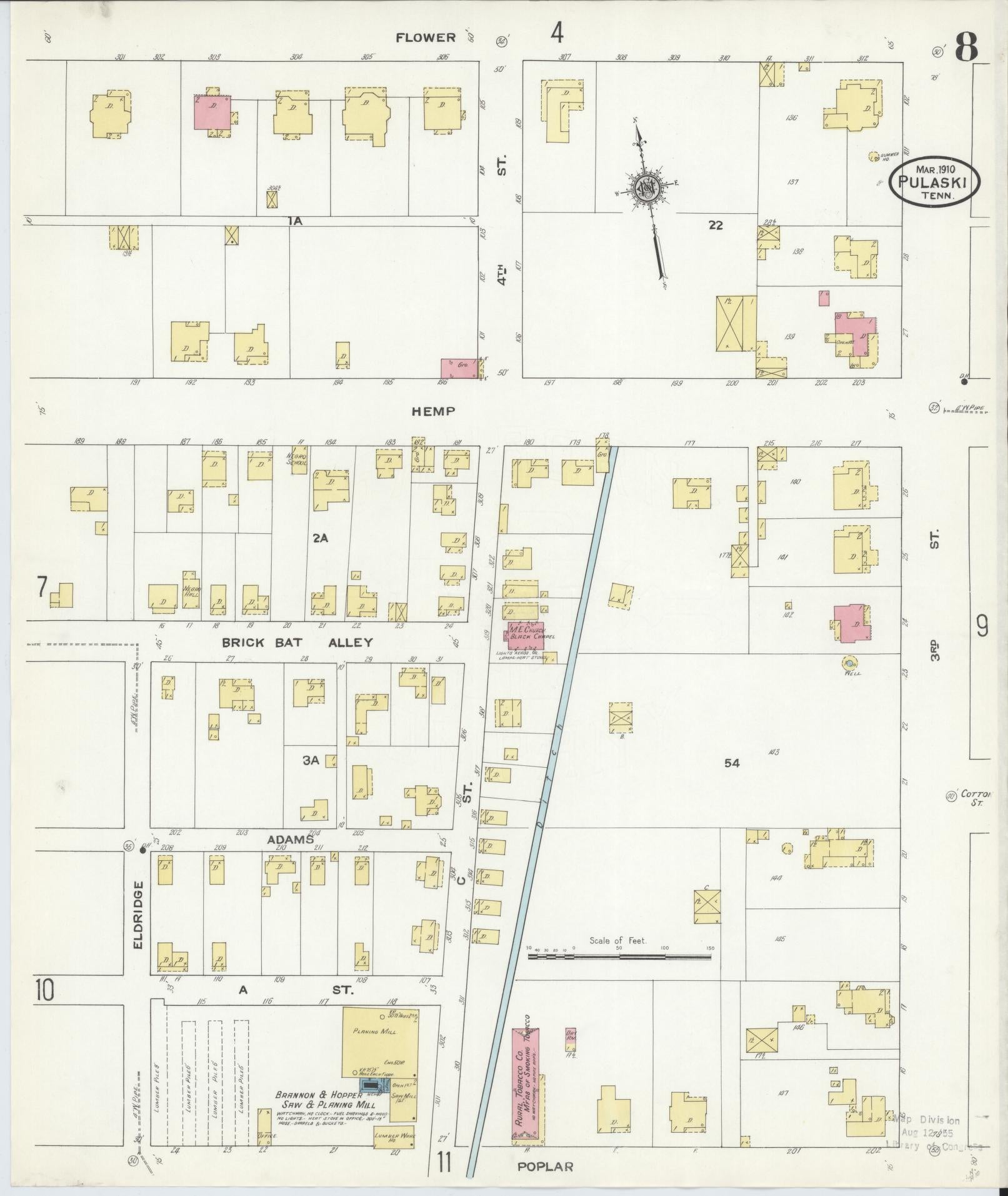 Sanborn Fire Insurance Map from Pulaski, Giles County, Tennessee (1910), Sheet #0008 - Complete Map Set gallery image, historic Sanborn map, vintage wall art, Tennessee Tennessee