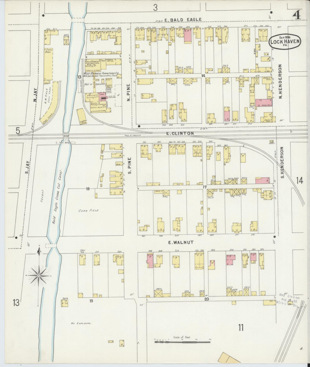 Sanborn Fire Insurance Map from Lock Haven, Clinton County, Pennsylvania (1896), Sheet #0004 - Historic Sanborn Fire Insurance Map Print, vintage old map wall art, antique decor, genealogy gift, Pennsylvania Pennsylvania map