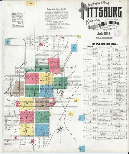 Sanborn Fire Insurance Map from Pittsburg, Crawford County, Kansas (1905), Sheet #0001 - Historic Sanborn Fire Insurance Map Print, vintage old map wall art, antique decor, genealogy gift, Kansas Kansas map