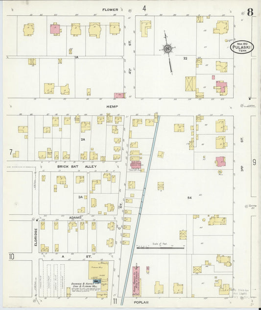 Sanborn Fire Insurance Map from Pulaski, Giles County, Tennessee (1910), Sheet #0008 - Historic Sanborn Fire Insurance Map Print, vintage old map wall art, antique decor, genealogy gift, Tennessee Tennessee map