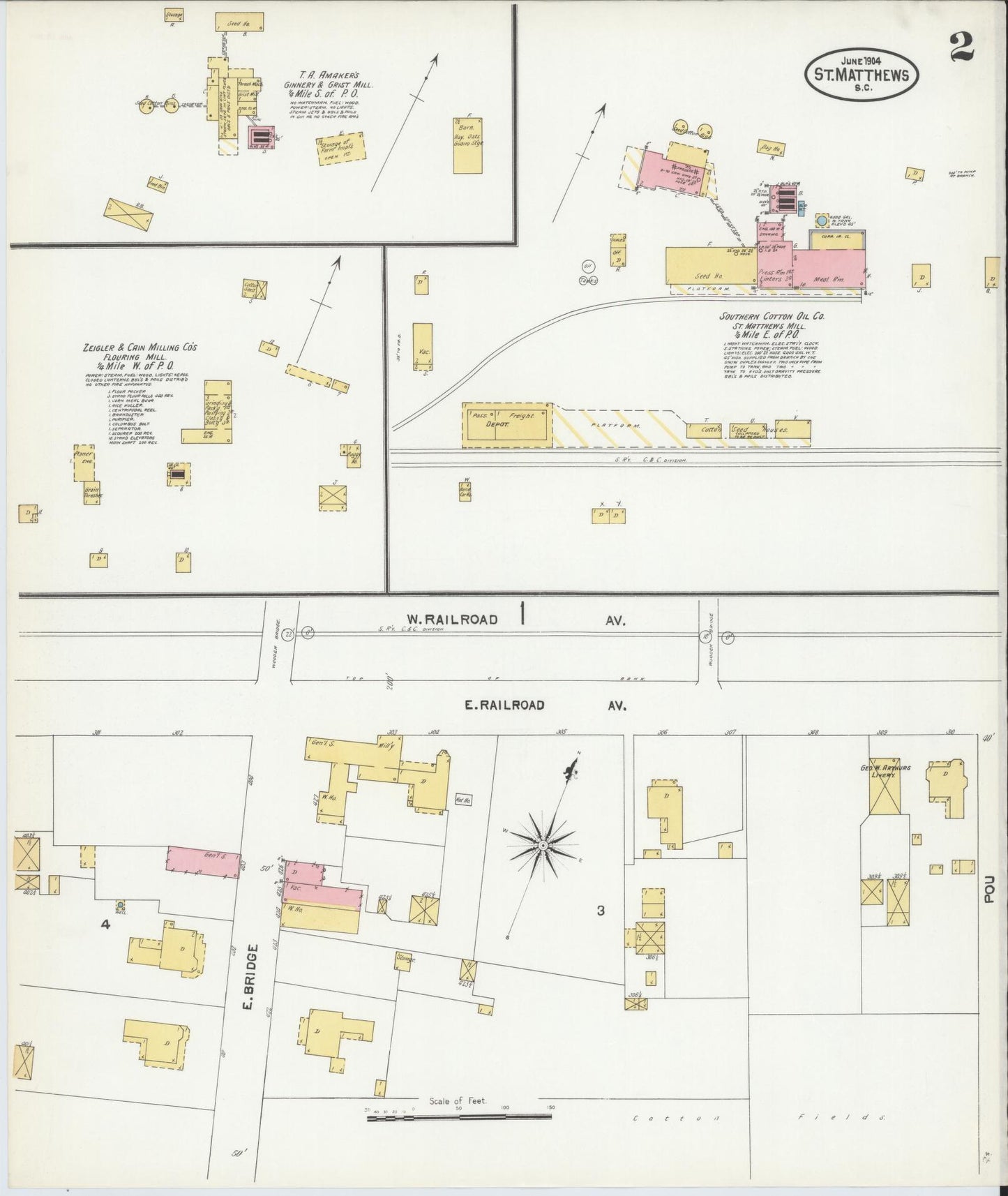 Sanborn Fire Insurance Map from Saint Matthews, Calhoun County, South Carolina (1904), Sheet #0002 - Complete Map Set gallery image, historic Sanborn map, vintage wall art, South Carolina South Carolina