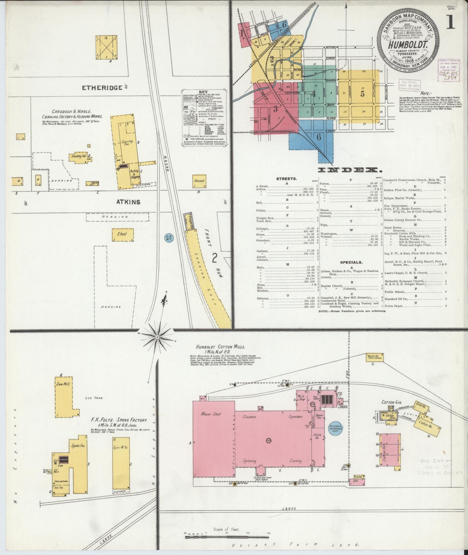 Sanborn Fire Insurance Map from Humboldt, Gibson County, Tennessee (1905), Sheet #0001 - Historic Sanborn Fire Insurance Map Print, vintage old map wall art, antique decor, genealogy gift, Tennessee Tennessee map