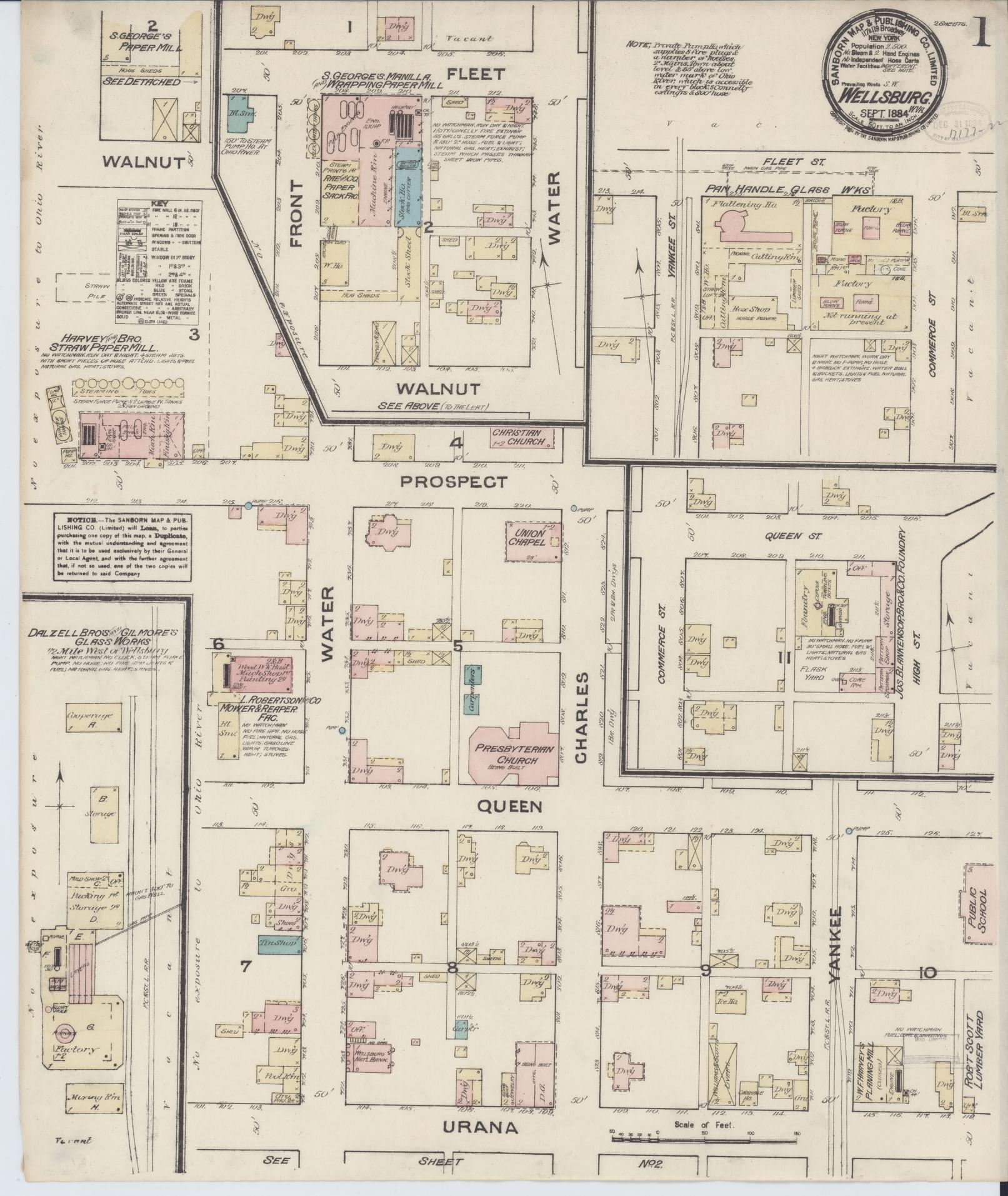 Sanborn Fire Insurance Map from Wellsburg, Brooke County, West Virginia (1884), Sheet #0001 - Complete Map Set gallery image, historic Sanborn map, vintage wall art, West Virginia West Virginia