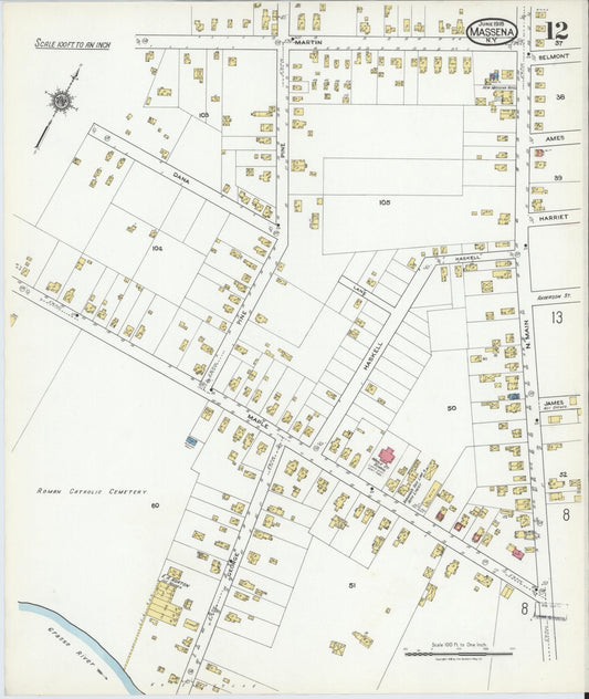 Sanborn Fire Insurance Map from Massena, St. Lawrence County, New York (1918), Sheet #0012 - Historic Sanborn Fire Insurance Map Print, vintage old map wall art, antique decor, genealogy gift, New York New York map