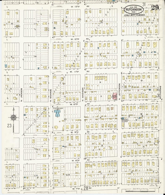 Sanborn Fire Insurance Map from Hutchinson, Reno County, Kansas (1915), Sheet #0030 - Historic Sanborn Fire Insurance Map Print, vintage old map wall art, antique decor, genealogy gift, Kansas Kansas map
