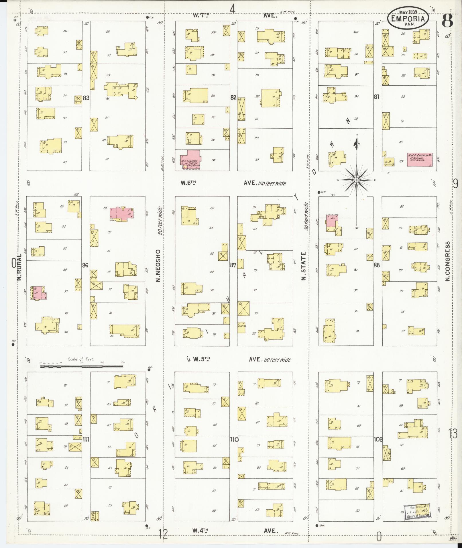 Sanborn Fire Insurance Map from Emporia, Lyon County, Kansas (1899), Sheet #0008 - Complete Map Set gallery image, historic Sanborn map, vintage wall art, Kansas Kansas