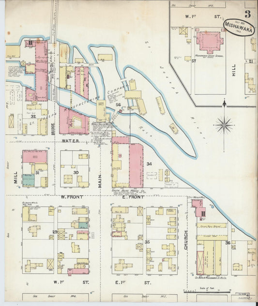 Sanborn Fire Insurance Map from Mishawaka, Saint Joseph County, Indiana (1891), Sheet #0003 - Historic Sanborn Fire Insurance Map Print, vintage old map wall art, antique decor, genealogy gift, Indiana Indiana map