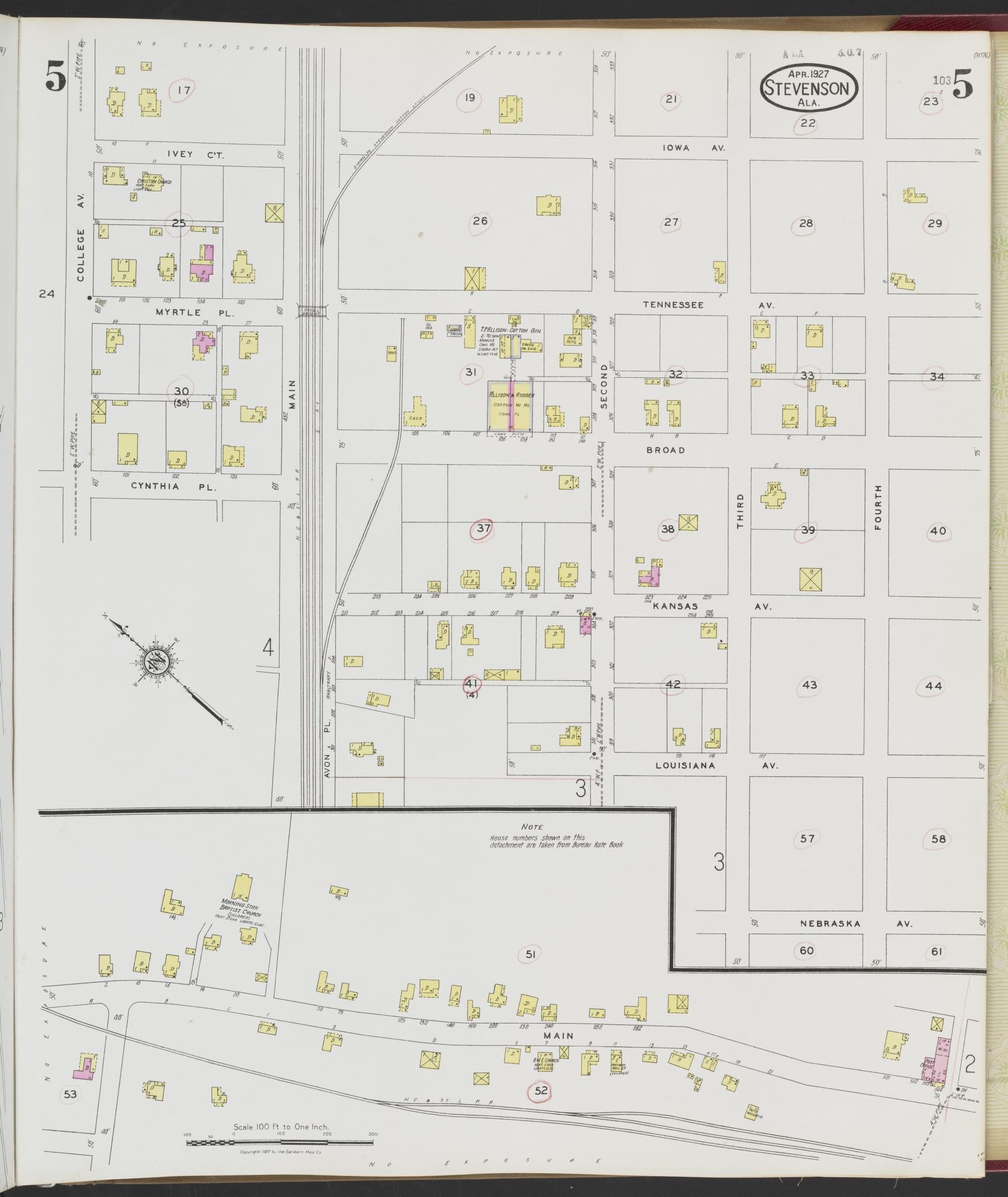 Sanborn Fire Insurance Map from Stevenson, Jackson County, Alabama (1927), Sheet #0005 - Complete Map Set gallery image, historic Sanborn map, vintage wall art, Alabama Alabama