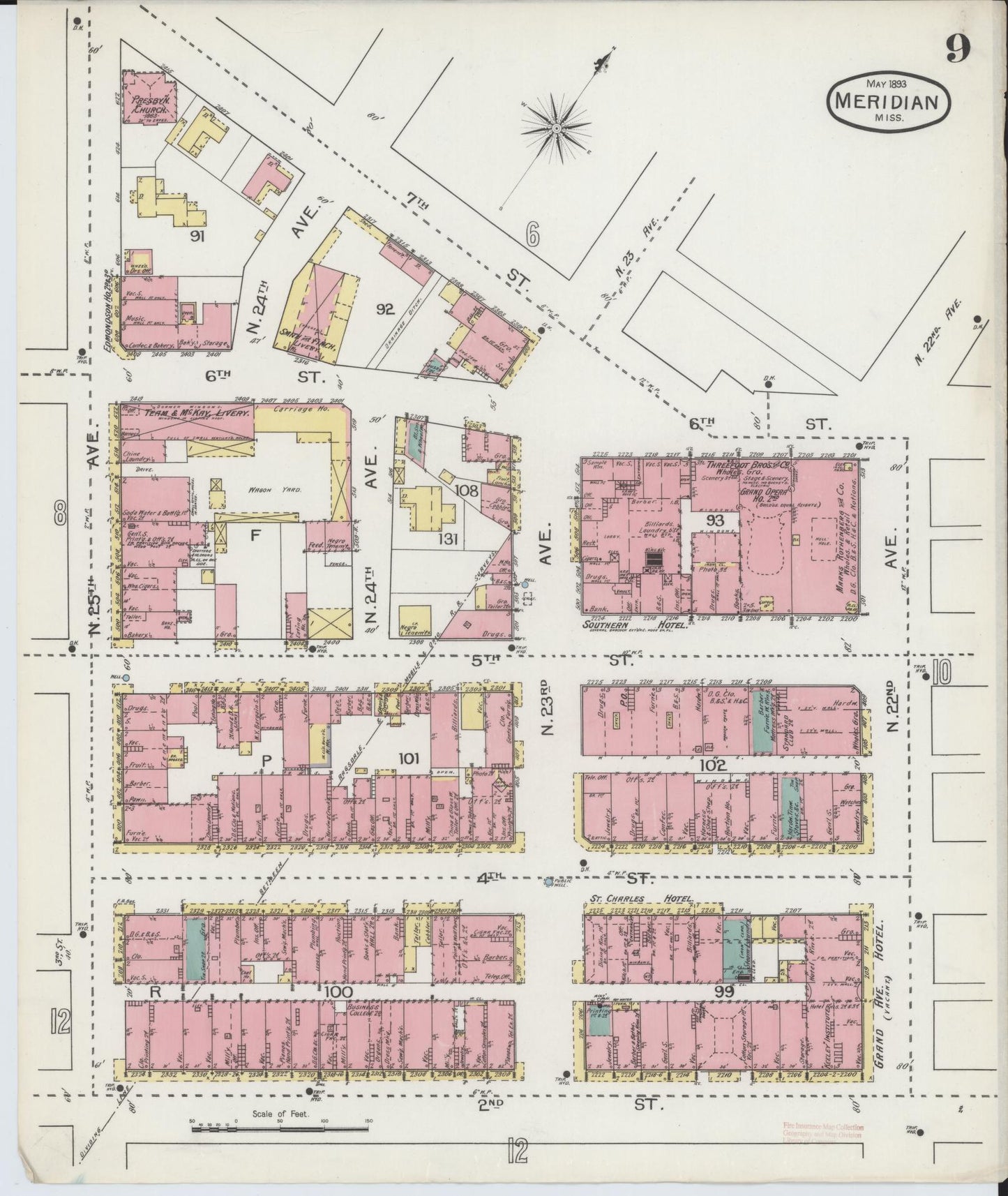 Sanborn Fire Insurance Map from Meridian, Lauderdale County, Mississippi (1893), Sheet #0009 - Complete Map Set gallery image, historic Sanborn map, vintage wall art, Mississippi Mississippi