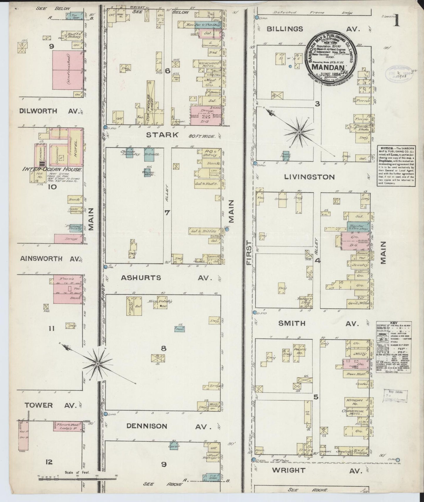 Sanborn Fire Insurance Map from Mandan, Morton County, North Dakota (1884), Sheet #0001 - Historic Sanborn Fire Insurance Map Print, vintage old map wall art, antique decor, genealogy gift, North Dakota North Dakota map