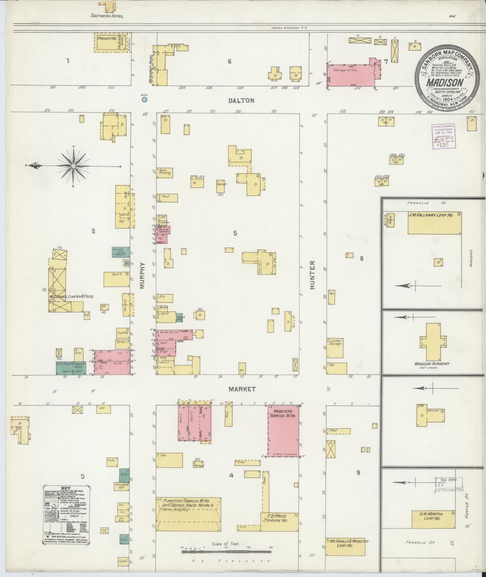Sanborn Fire Insurance Map from Madison, Rockingham County, North Carolina (1904), Sheet #0001 - Historic Sanborn Fire Insurance Map Print, vintage old map wall art, antique decor, genealogy gift, North Carolina North Carolina map