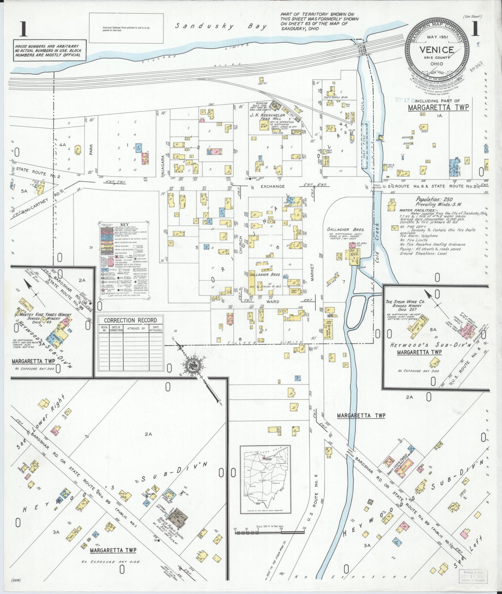 Sanborn Fire Insurance Map from Venice, Erie County, Ohio (1951), Sheet #0001 - Historic Sanborn Fire Insurance Map Print, vintage old map wall art, antique decor, genealogy gift, Ohio Ohio map