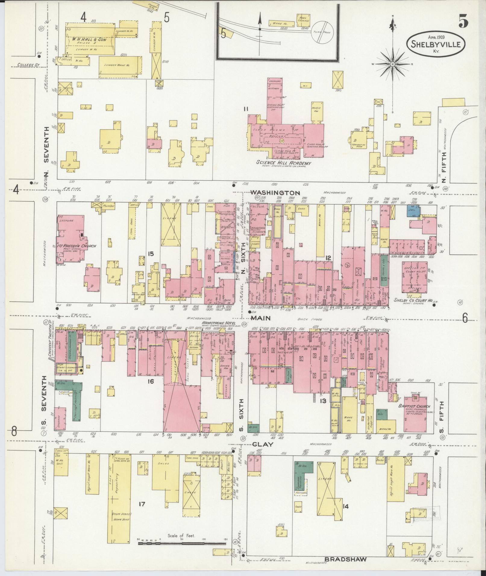 Sanborn Fire Insurance Map from Shelbyville, Shelby County, Kentucky (1909), Sheet #0005 - Historic Sanborn Fire Insurance Map Print, vintage old map wall art, antique decor, genealogy gift, Kentucky Kentucky map