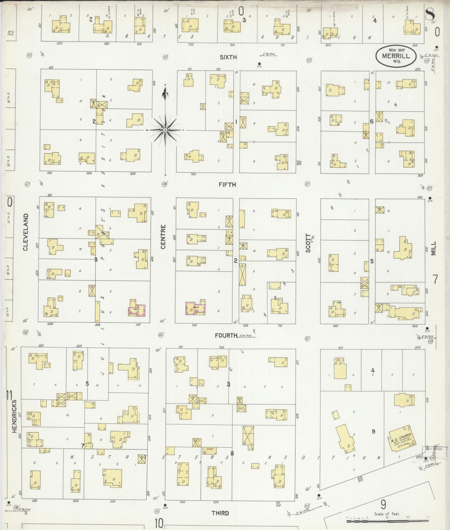 Sanborn Fire Insurance Map from Merrill, Lincoln County, Wisconsin (1907), Sheet #0008 - Complete Map Set gallery image, historic Sanborn map, vintage wall art, Wisconsin Wisconsin