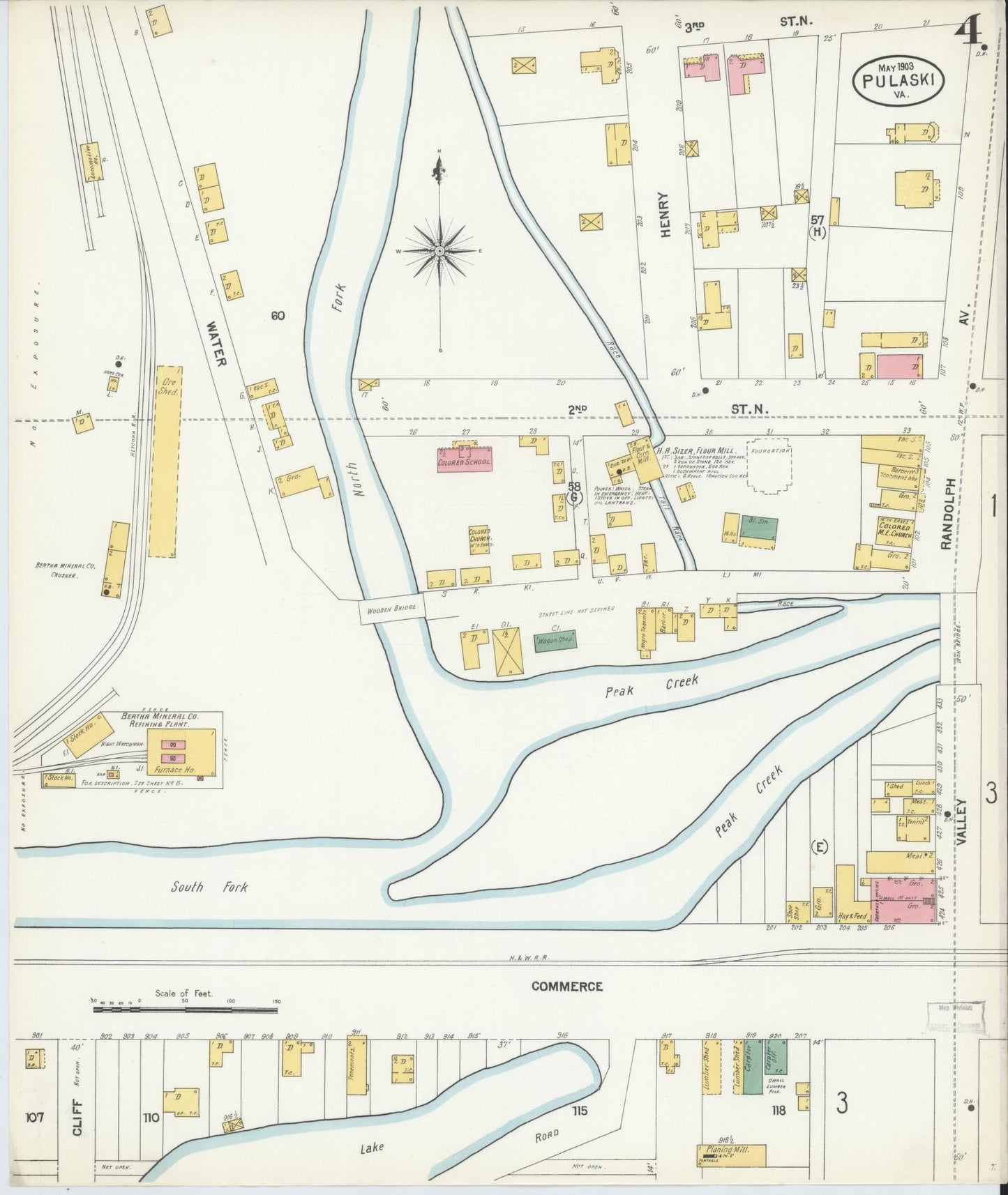 Sanborn Fire Insurance Map from Pulaski, Pulaski County, Virginia (1903), Sheet #0004 - Complete Map Set gallery image, historic Sanborn map, vintage wall art, Virginia Virginia