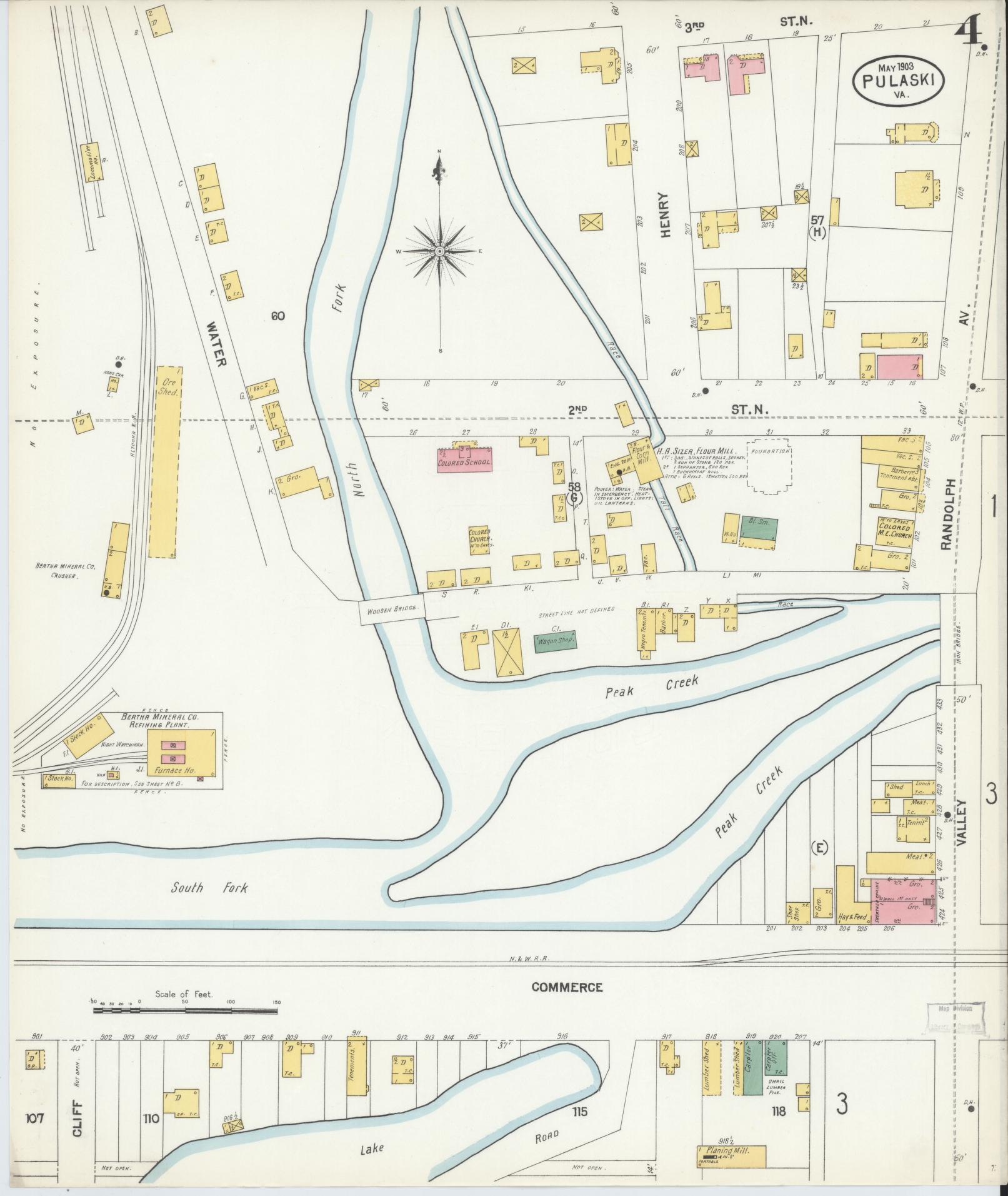 Sanborn Fire Insurance Map from Pulaski, Pulaski County, Virginia (1903), Sheet #0004 - Complete Map Set gallery image, historic Sanborn map, vintage wall art, Virginia Virginia