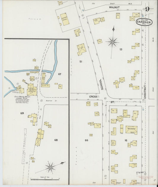 Sanborn Fire Insurance Map from Gardner, Worcester County, Massachusetts (1889), Sheet #0009 - Historic Sanborn Fire Insurance Map Print, vintage old map wall art, antique decor, genealogy gift, Massachusetts Massachusetts map