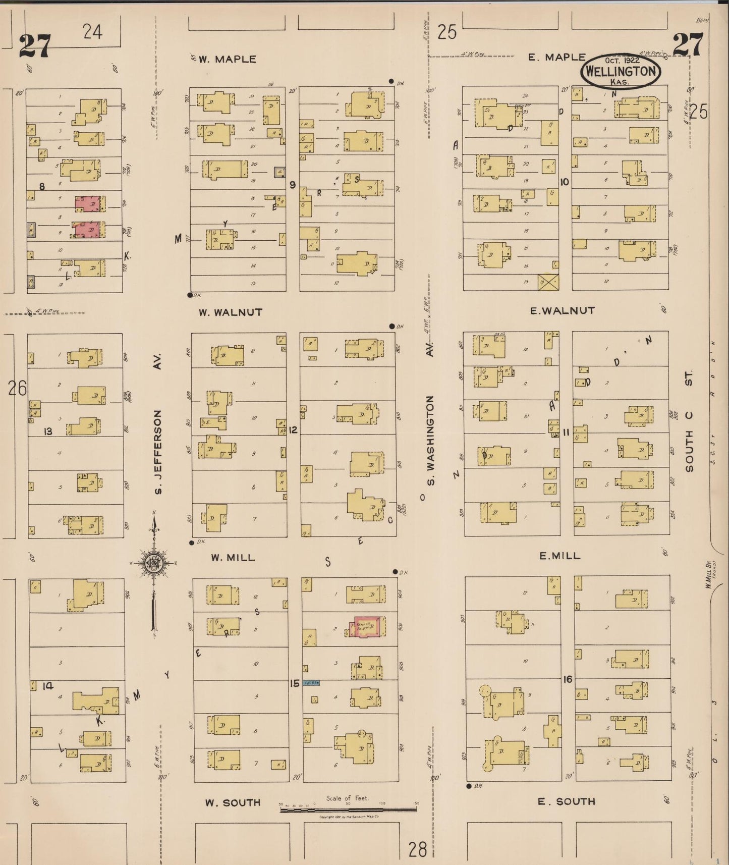 Sanborn Fire Insurance Map from Wellington, Sumner County, Kansas (1922), Sheet #0027 - Complete Map Set gallery image, historic Sanborn map, vintage wall art, Kansas Kansas
