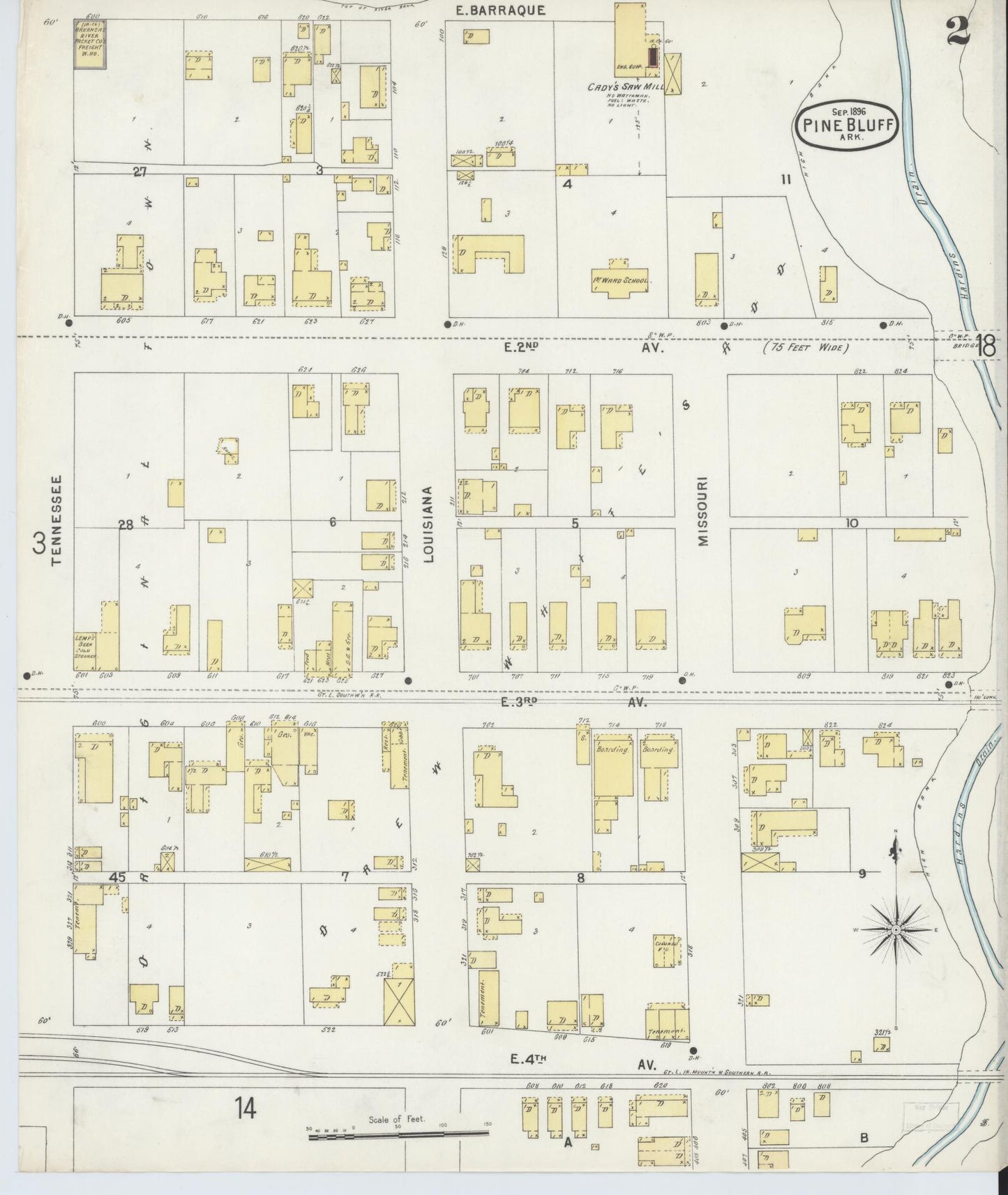 Sanborn Fire Insurance Map from Pine Bluff, Jefferson County, Arkansas (1896), Sheet #0002 - Historic Sanborn Fire Insurance Map Print, vintage old map wall art, antique decor, genealogy gift, Arkansas Arkansas map