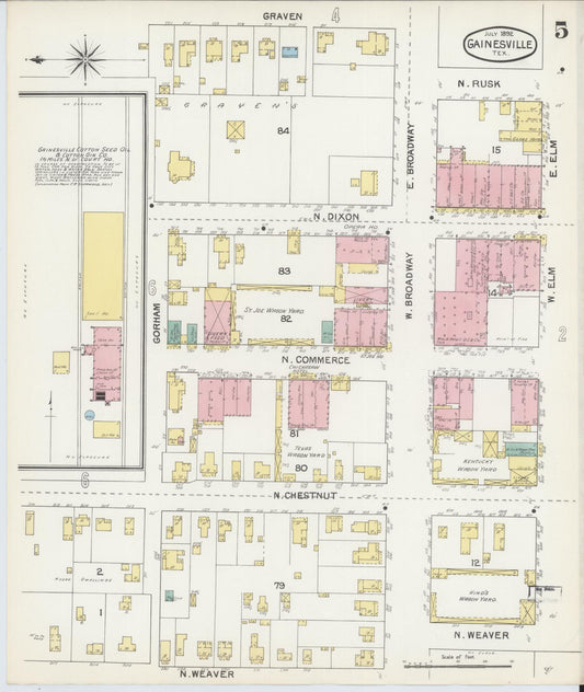 Sanborn Fire Insurance Map from Gainesville, Cooke County, Texas (1892), Sheet #0005 - Historic Sanborn Fire Insurance Map Print, vintage old map wall art, antique decor, genealogy gift, Texas Texas map