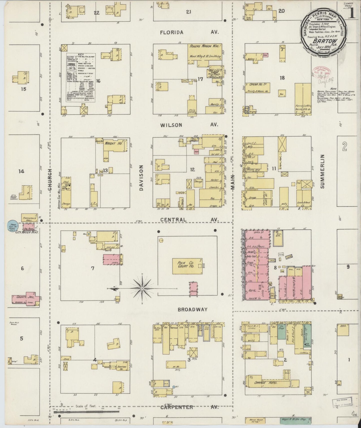 Sanborn Fire Insurance Map from Bartow, Polk County, Florida (1895), Sheet #0001 - Complete Map Set gallery image, historic Sanborn map, vintage wall art, Florida Florida