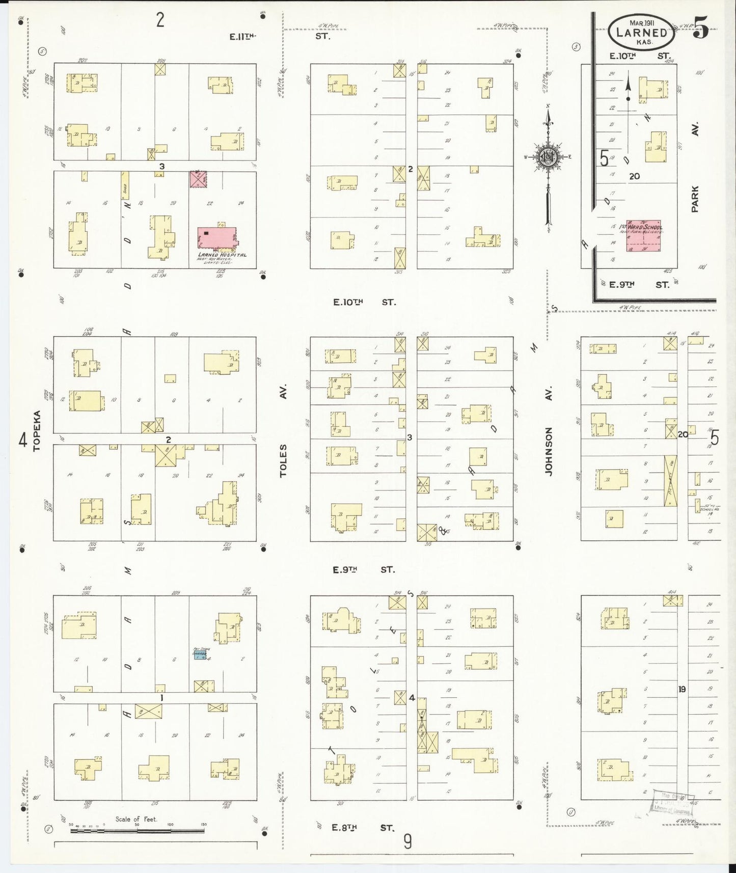 Sanborn Fire Insurance Map from Larned, Pawnee County, Kansas (1911), Sheet #0005 - Historic Sanborn Fire Insurance Map Print, vintage old map wall art, antique decor, genealogy gift, Kansas Kansas map