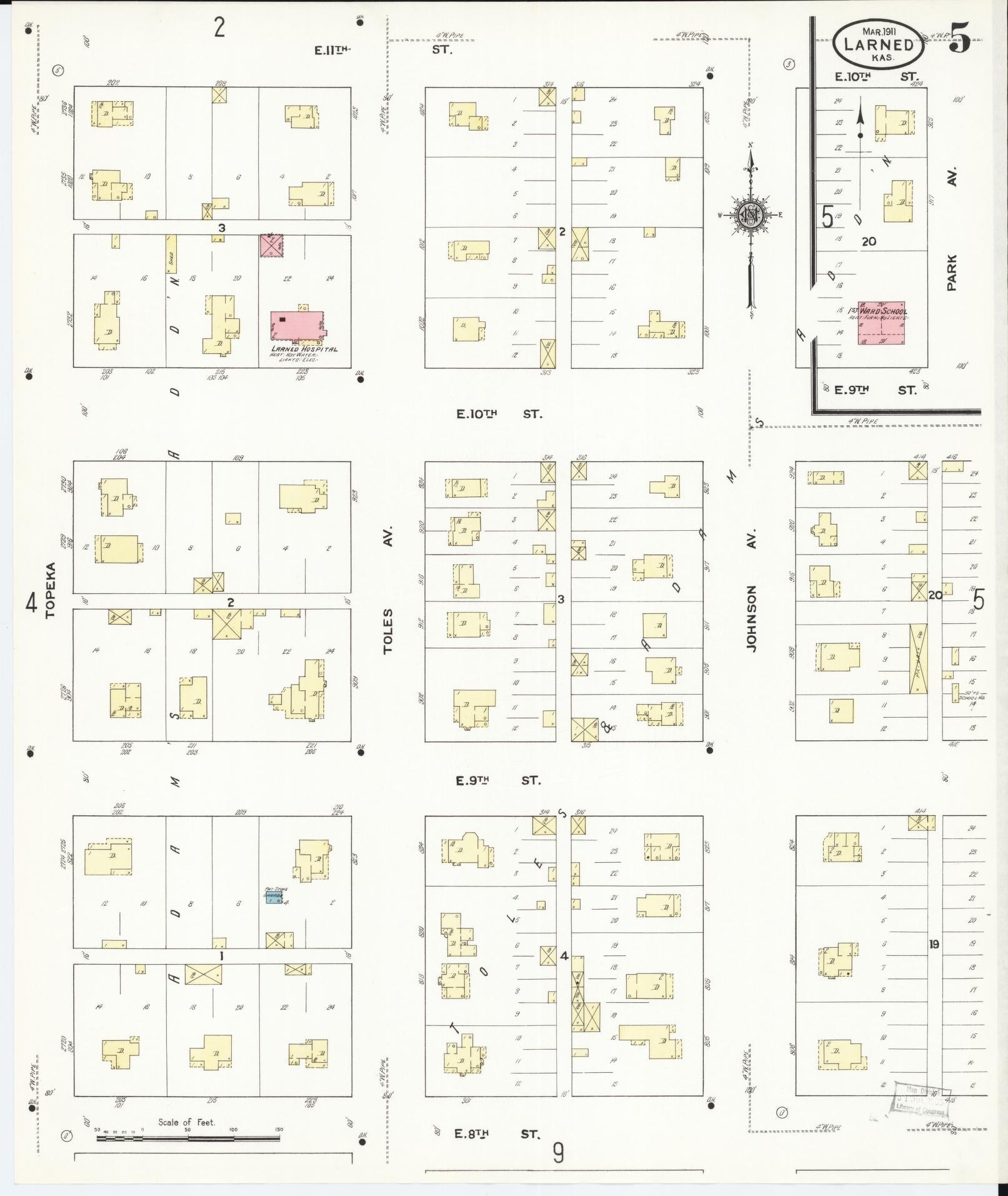 Sanborn Fire Insurance Map from Larned, Pawnee County, Kansas (1911), Sheet #0005 - Historic Sanborn Fire Insurance Map Print, vintage old map wall art, antique decor, genealogy gift, Kansas Kansas map