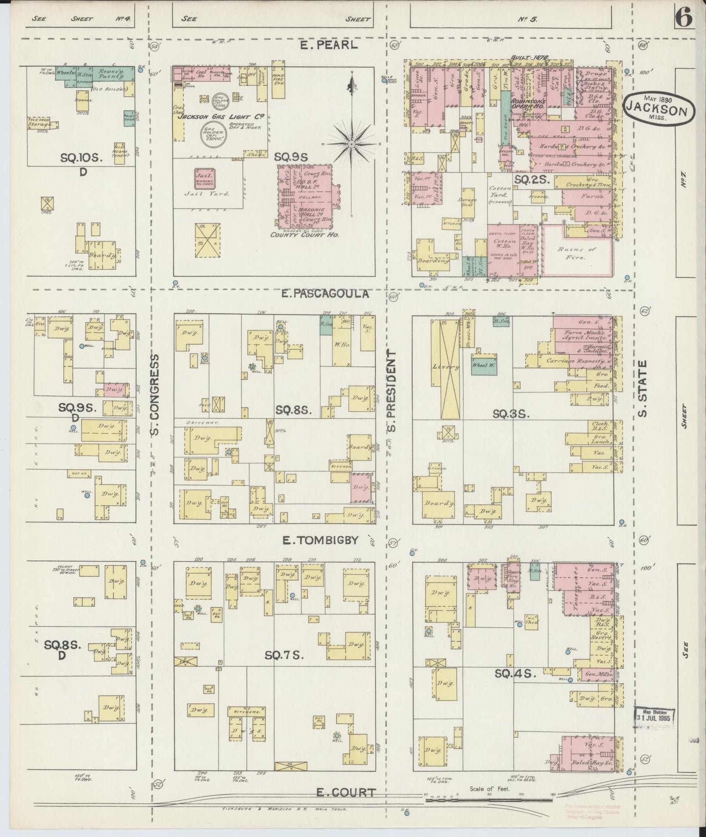 Sanborn Fire Insurance Map from Jackson, Hinds County, Mississippi (1890), Sheet #0006 - Historic Sanborn Fire Insurance Map Print, vintage old map wall art, antique decor, genealogy gift, Mississippi Mississippi map