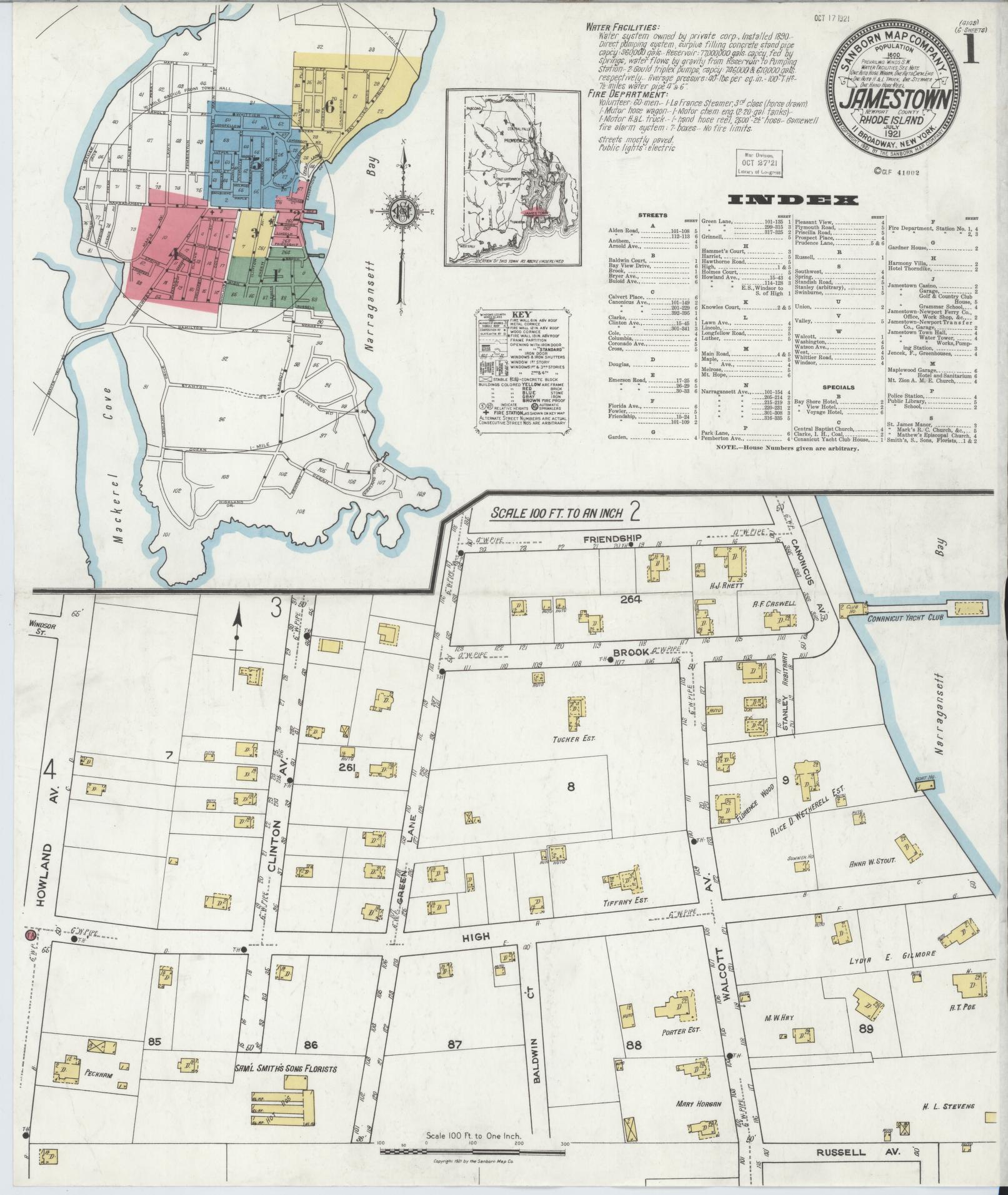 Sanborn Fire Insurance Map from Jamestown, Newport County, Rhode Island (1921), Sheet #0001 - Historic Sanborn Fire Insurance Map Print, vintage old map wall art, antique decor, genealogy gift, Rhode Island Rhode Island map