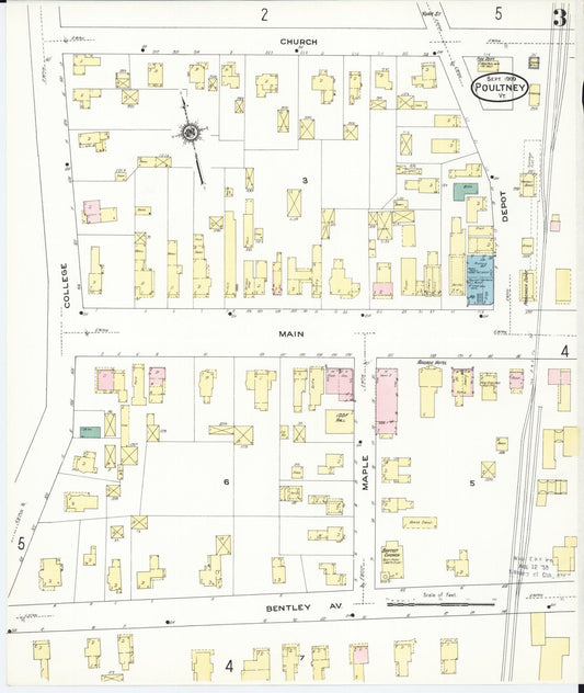 Sanborn Fire Insurance Map from Poultney, Rutland County, Vermont (1909), Sheet #0003 - Historic Sanborn Fire Insurance Map Print, vintage old map wall art, antique decor, genealogy gift, Vermont Vermont map