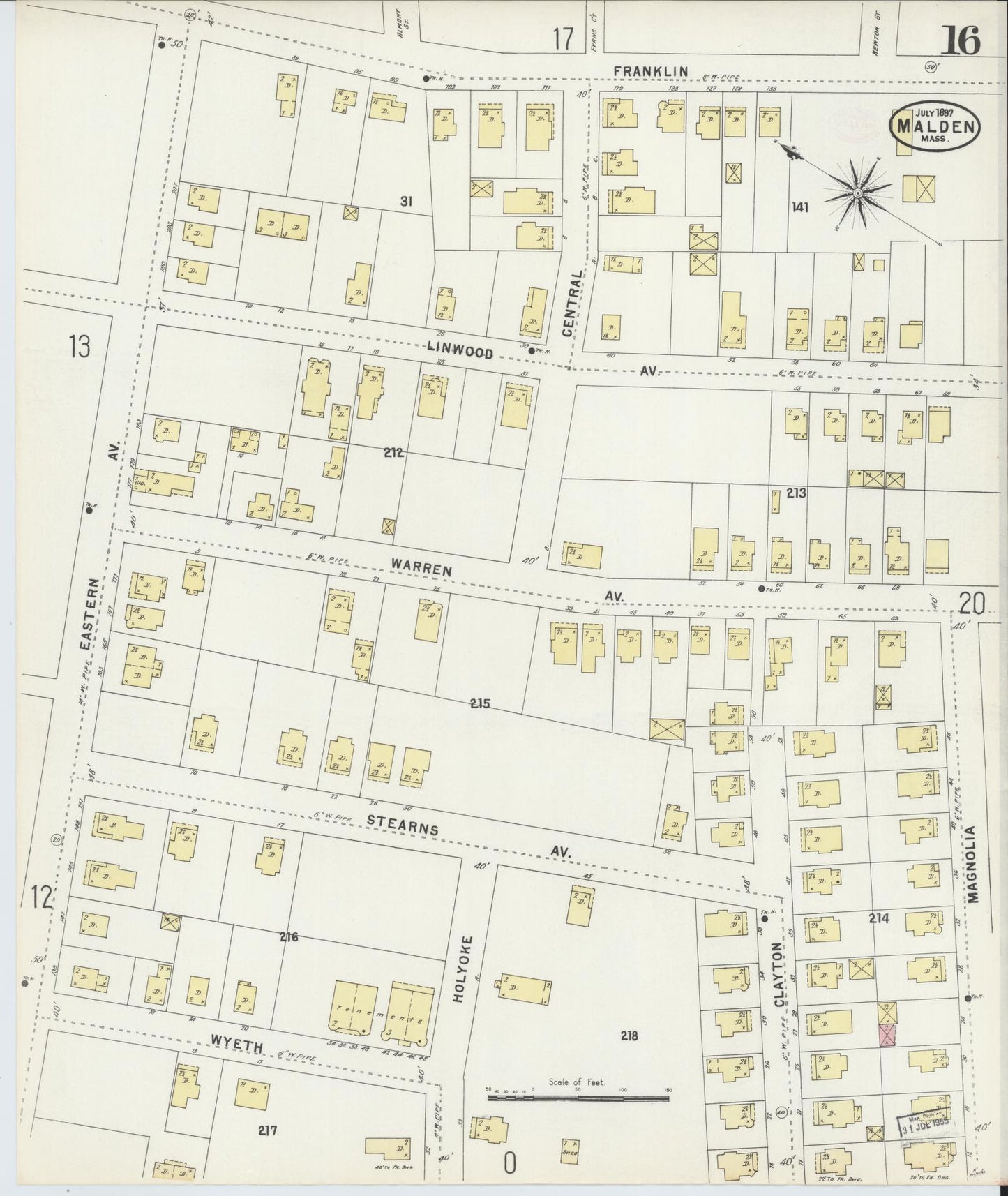 Sanborn Fire Insurance Map from Malden, Middlesex County, Massachusetts (1897), Sheet #0016 - Historic Sanborn Fire Insurance Map Print, vintage old map wall art, antique decor, genealogy gift, Massachusetts Massachusetts map
