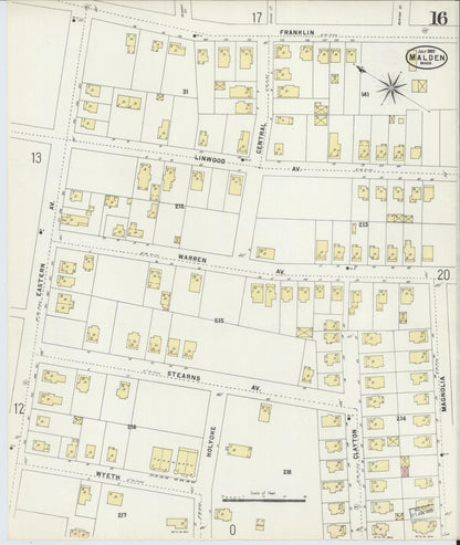 Sanborn Fire Insurance Map from Malden, Middlesex County, Massachusetts (1897), Sheet #0016 - Historic Sanborn Fire Insurance Map Print, vintage old map wall art, antique decor, genealogy gift, Massachusetts Massachusetts map