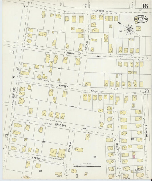 Sanborn Fire Insurance Map from Malden, Middlesex County, Massachusetts (1897), Sheet #0016 - Historic Sanborn Fire Insurance Map Print, vintage old map wall art, antique decor, genealogy gift, Massachusetts Massachusetts map