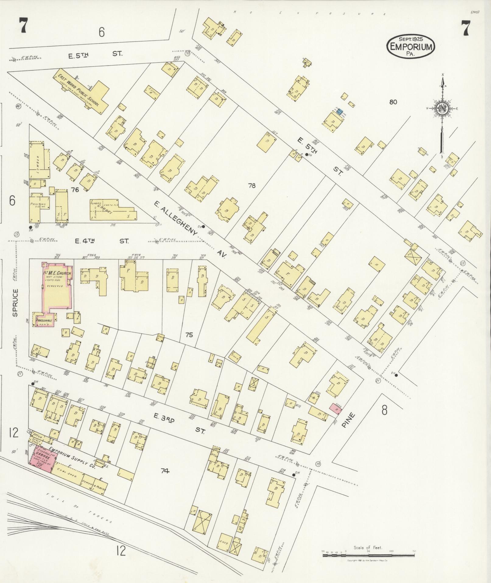 Sanborn Fire Insurance Map from Emporium, Cameron County, Pennsylvania (1925), Sheet #0007 - Historic Sanborn Fire Insurance Map Print, vintage old map wall art, antique decor, genealogy gift, Pennsylvania Pennsylvania map