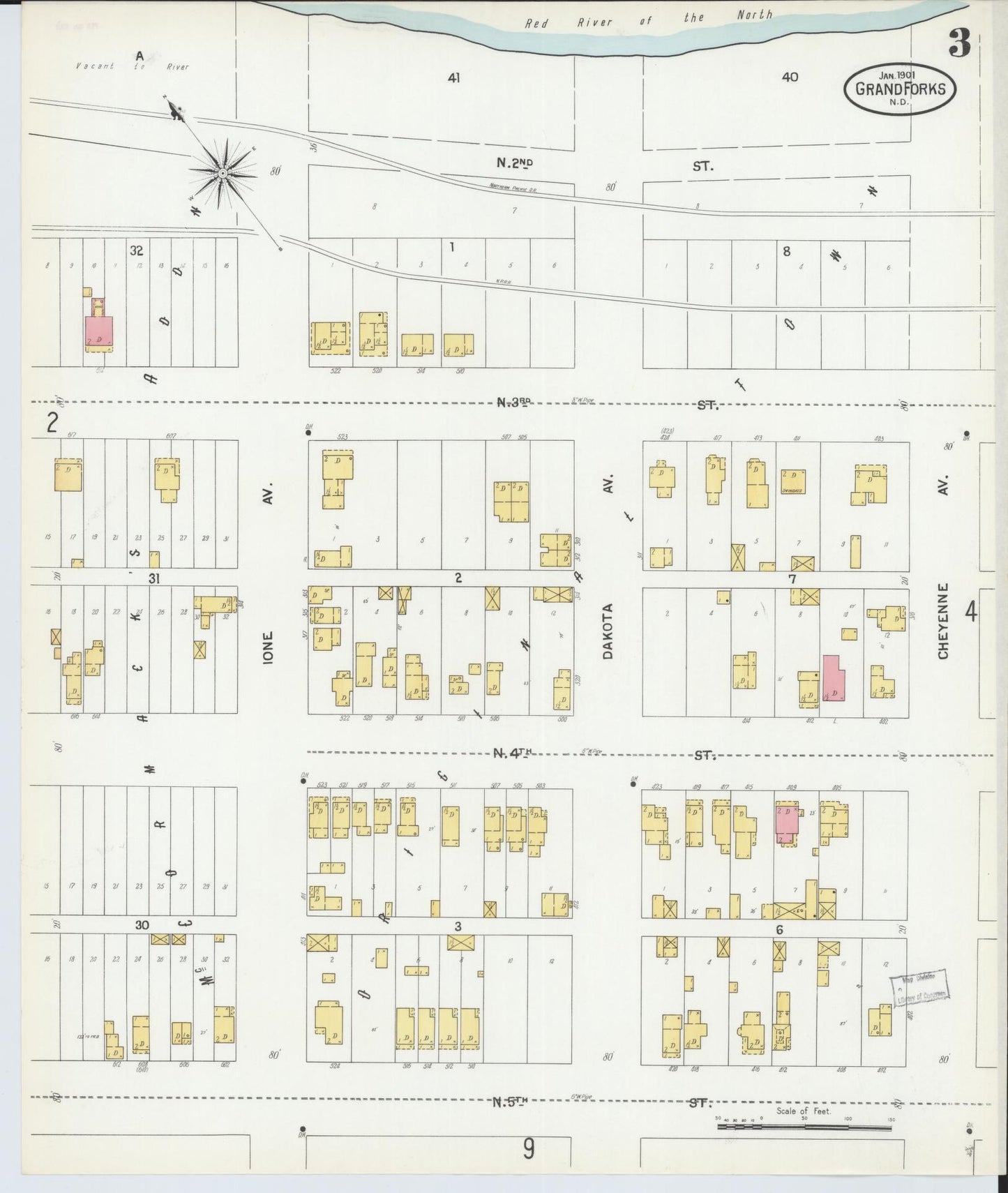 Sanborn Fire Insurance Map from Grand Forks, Grand Forks County, North Dakota (1901), Sheet #0003 - Complete Map Set gallery image, historic Sanborn map, vintage wall art, North Dakota North Dakota