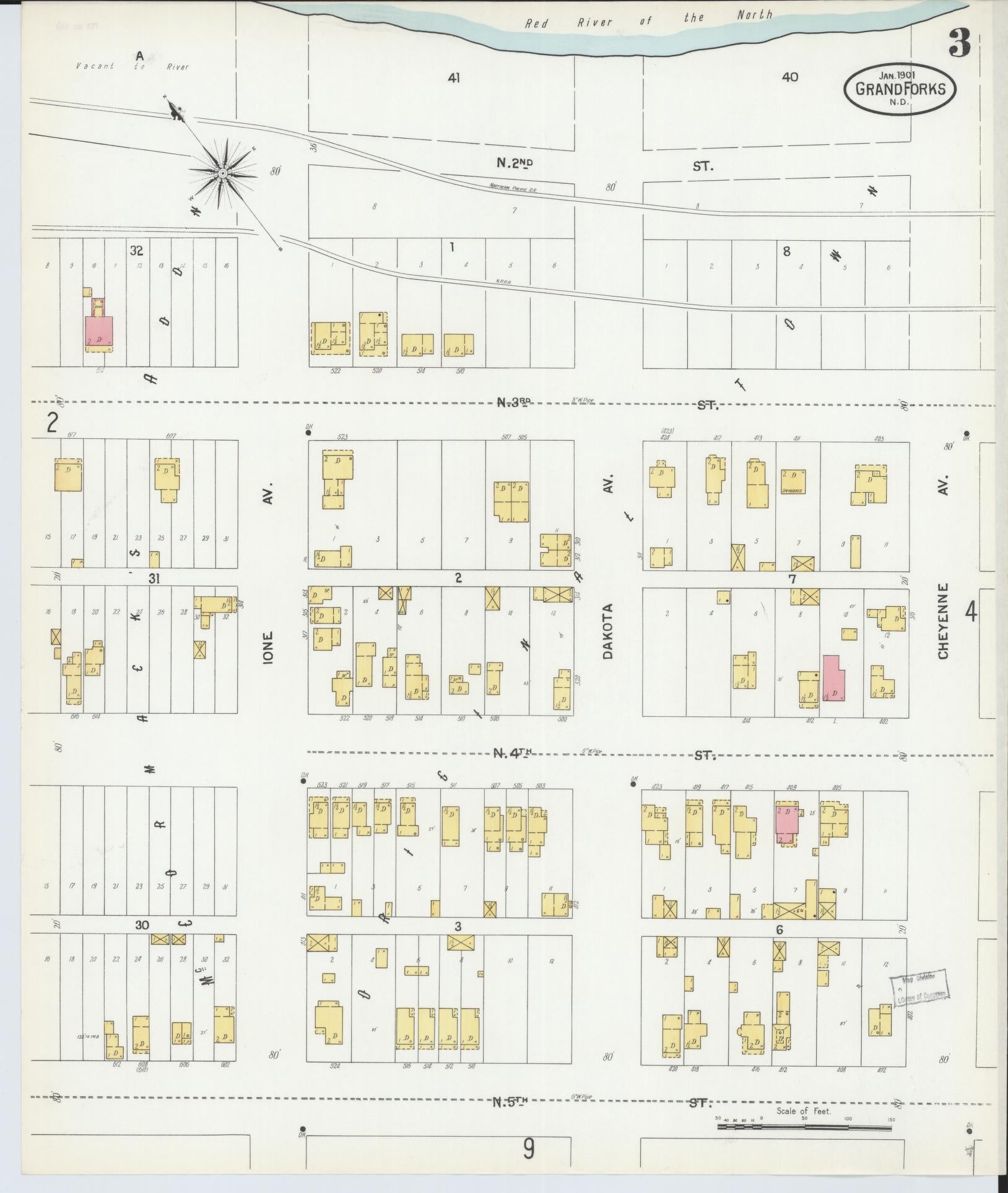 Sanborn Fire Insurance Map from Grand Forks, Grand Forks County, North Dakota (1901), Sheet #0003 - Complete Map Set gallery image, historic Sanborn map, vintage wall art, North Dakota North Dakota