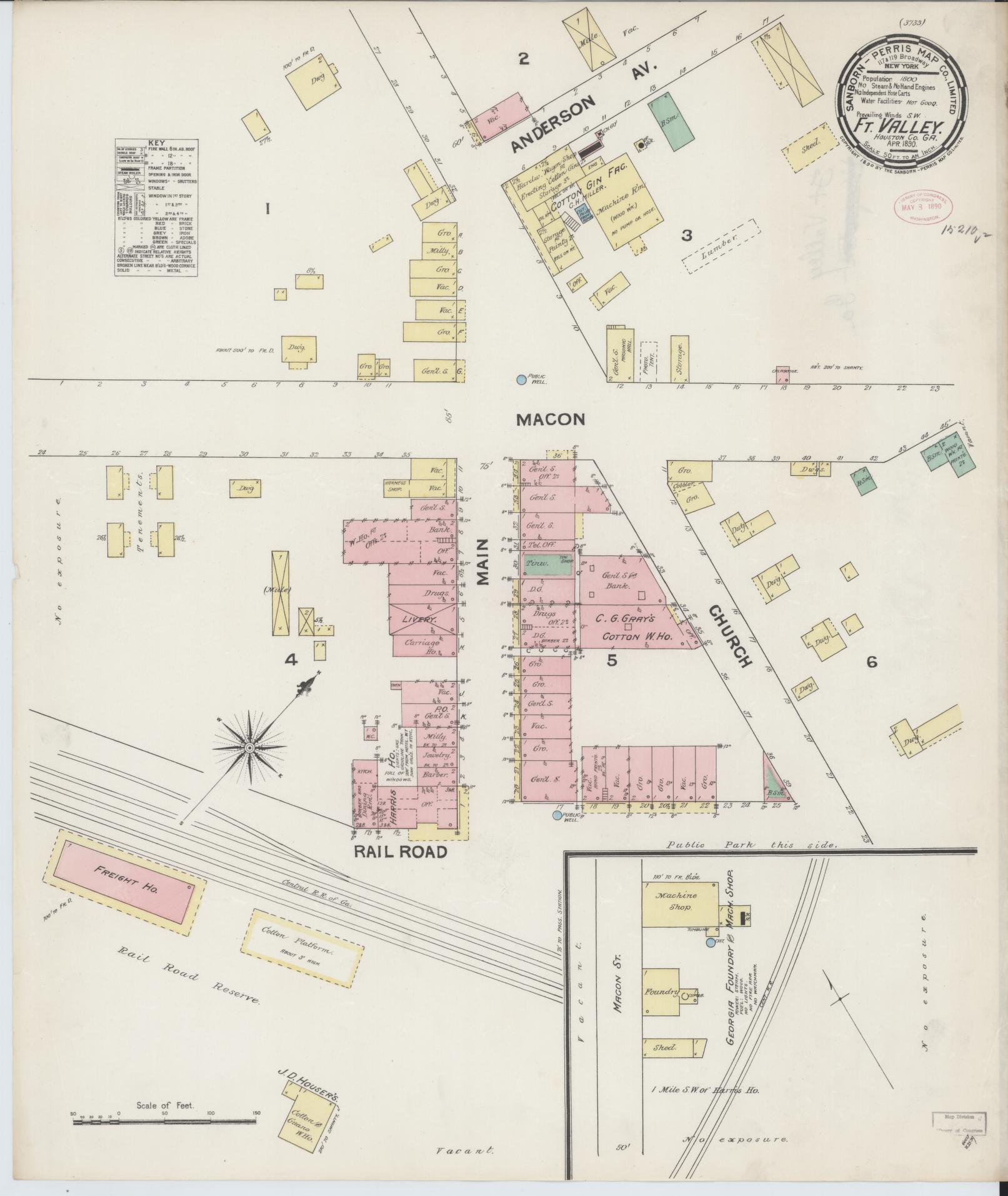 Sanborn Fire Insurance Map from Fort Valley, Peach County, Georgia (1890), Sheet #0001 - Historic Sanborn Fire Insurance Map Print, vintage old map wall art, antique decor, genealogy gift, Georgia Georgia map