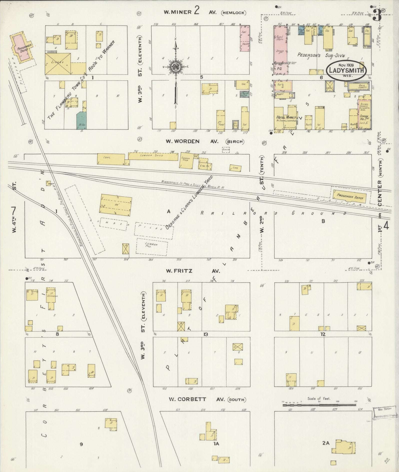 Sanborn Fire Insurance Map from Ladysmith, Rusk County, Wisconsin (1909), Sheet #0003 - Historic Sanborn Fire Insurance Map Print, vintage old map wall art, antique decor, genealogy gift, Wisconsin Wisconsin map