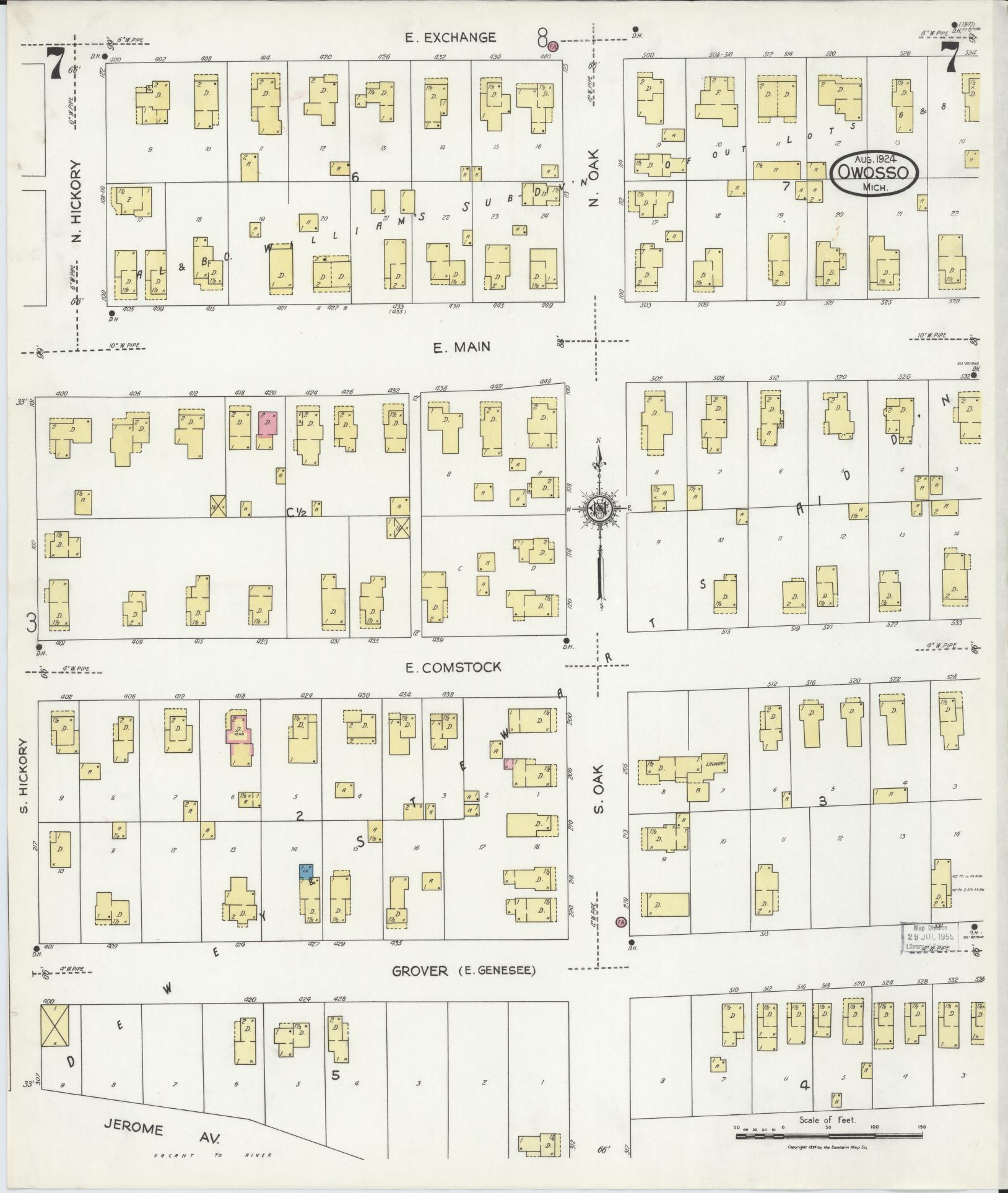 Sanborn Fire Insurance Map from Owosso, Shiawassee County, Michigan (1924), Sheet #0007 - Complete Map Set gallery image, historic Sanborn map, vintage wall art, Michigan Michigan