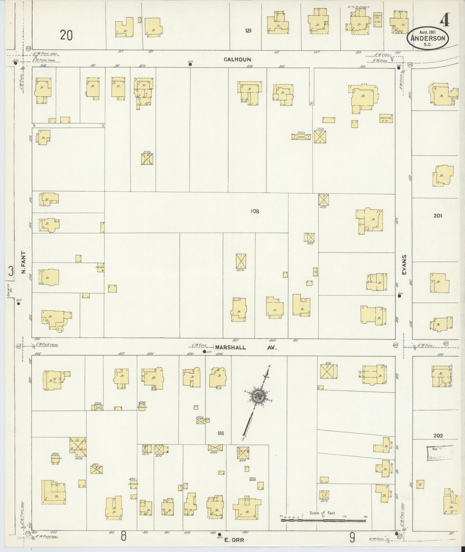 Sanborn Fire Insurance Map from Anderson, Anderson County, South Carolina (1911), Sheet #0004 - Historic Sanborn Fire Insurance Map Print, vintage old map wall art, antique decor, genealogy gift, South Carolina South Carolina map
