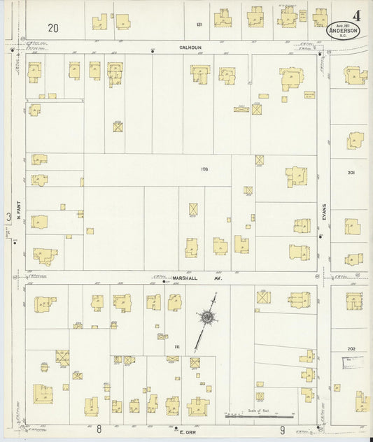 Sanborn Fire Insurance Map from Anderson, Anderson County, South Carolina (1911), Sheet #0004 - Historic Sanborn Fire Insurance Map Print, vintage old map wall art, antique decor, genealogy gift, South Carolina South Carolina map