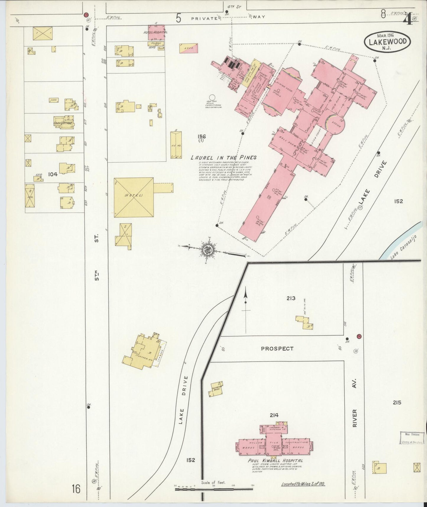 Sanborn Fire Insurance Map from Lakewood, Ocean County, New Jersey (1916), Sheet #0004 - Historic Sanborn Fire Insurance Map Print, vintage old map wall art, antique decor, genealogy gift, New Jersey New Jersey map