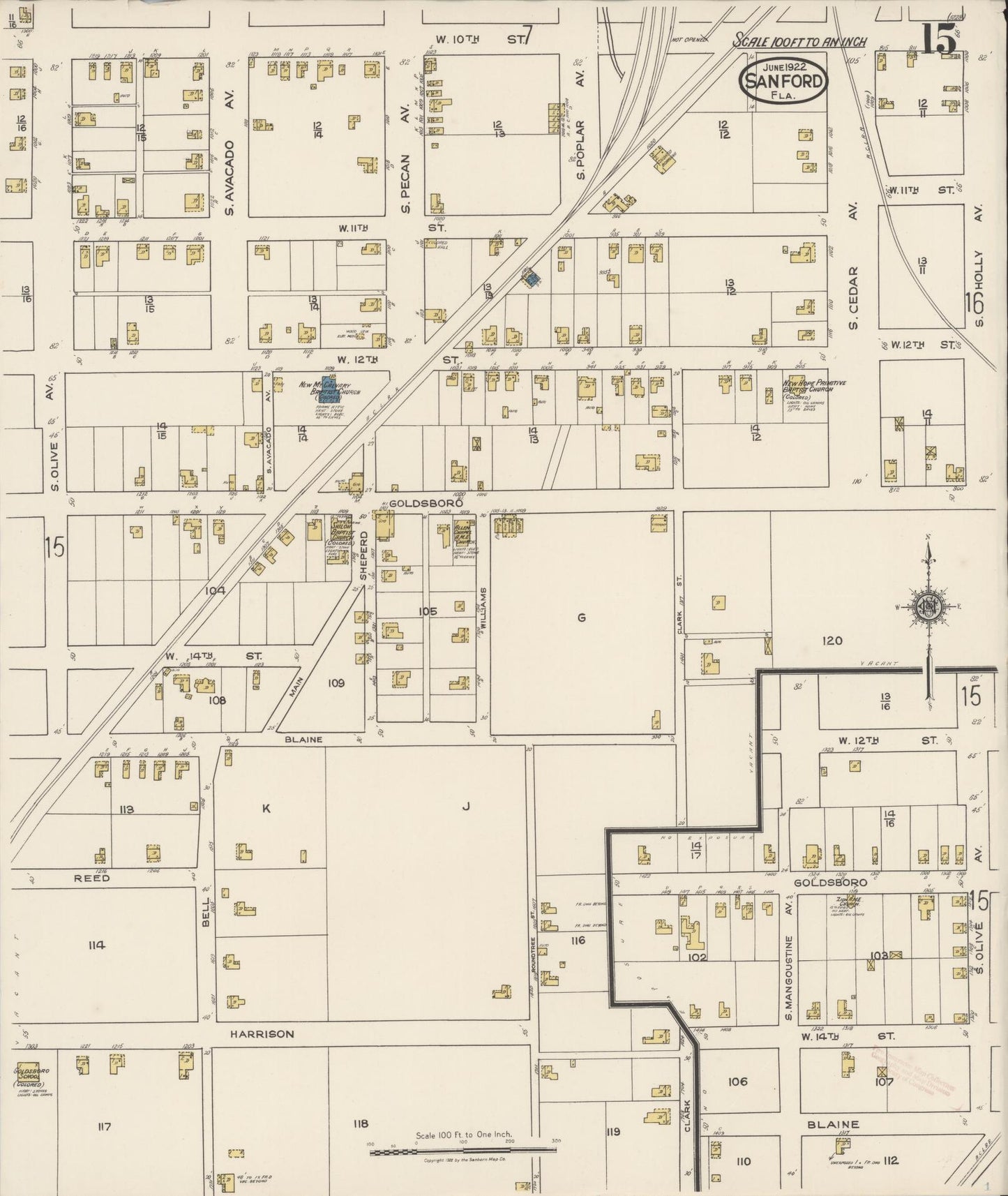 Sanborn Fire Insurance Map from Sanford, Seminole County, Florida (1922), Sheet #0015 - Complete Map Set gallery image, historic Sanborn map, vintage wall art, Florida Florida