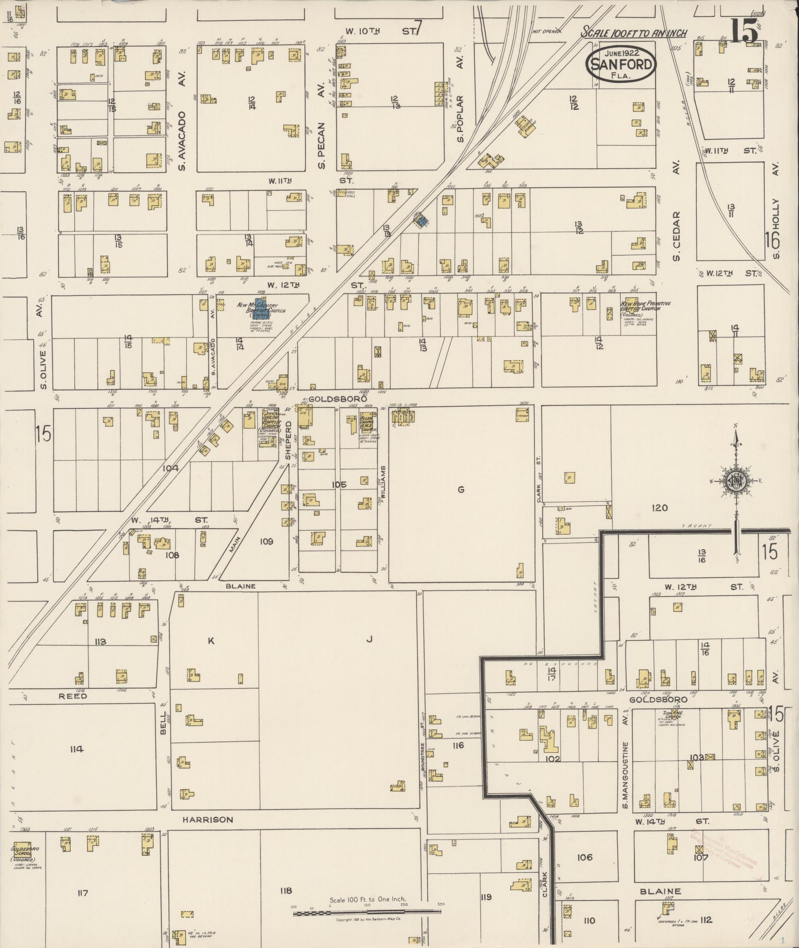 Sanborn Fire Insurance Map from Sanford, Seminole County, Florida (1922), Sheet #0015 - Complete Map Set gallery image, historic Sanborn map, vintage wall art, Florida Florida